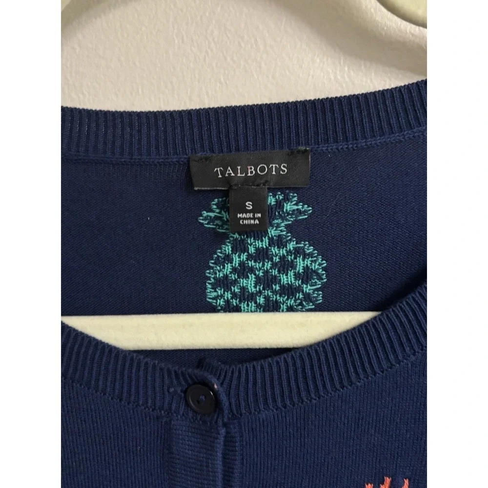 Talbots Charming Cardigan Tossed Pineapple 3/4 Sleeve Tropical Coastal Small